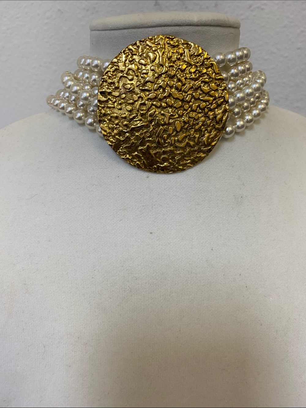 Multi-Strand Pearl Necklace with Gold Medallion 36” long - Picture 2 of 3